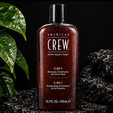 American Crew Classic 3-in-1 Shampoo Conditioner and Body Wash 15.2 oz on Groom Standard dark stone background